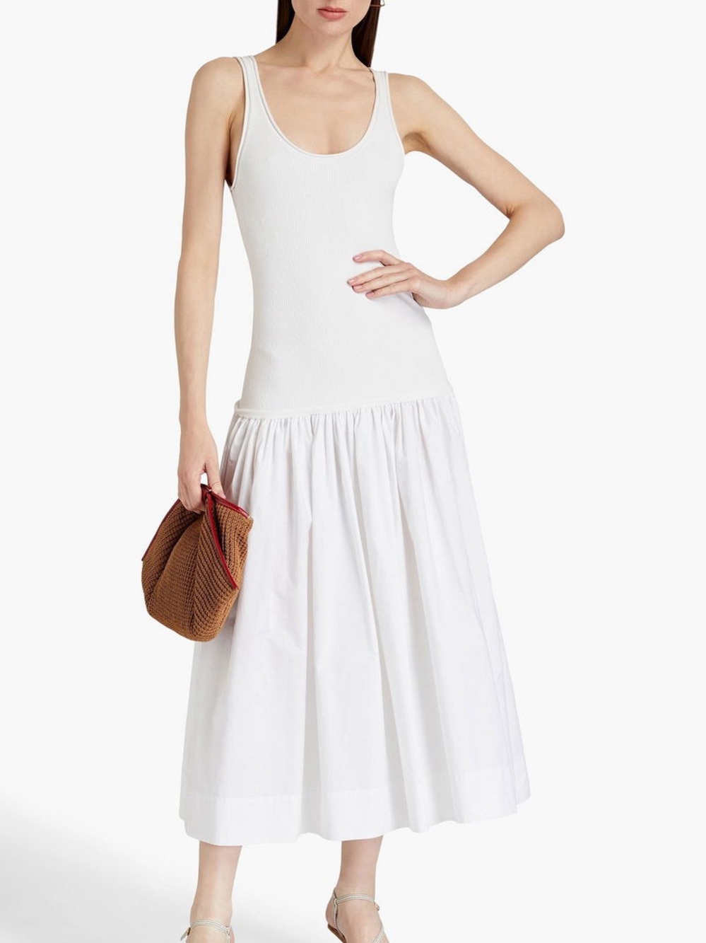 A.L.C. Sadie Gathered Knit-Paneled Cotton-Poplin Flounce Midi Dress Crisp White